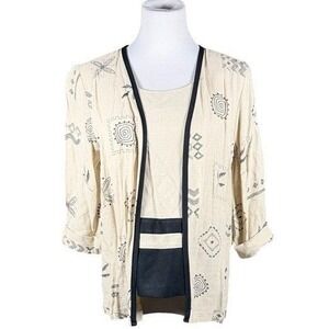 Two Twenty Womens Vintage 2 Piece Cardigan Shell Set Cream Black Print‎ Size S/P